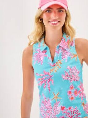 Lilly Pulitzer Luxletic Alister Coral Print Sleeveless Polo Top size med NWT